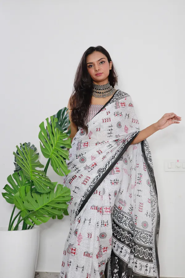 HANDICRAFT_WOMEN'S_Ikkat_PRINT_PURE_SOFT_COTTON_SAREE_WITH_BLOUSE_PIECE_With_Blouse_Piece